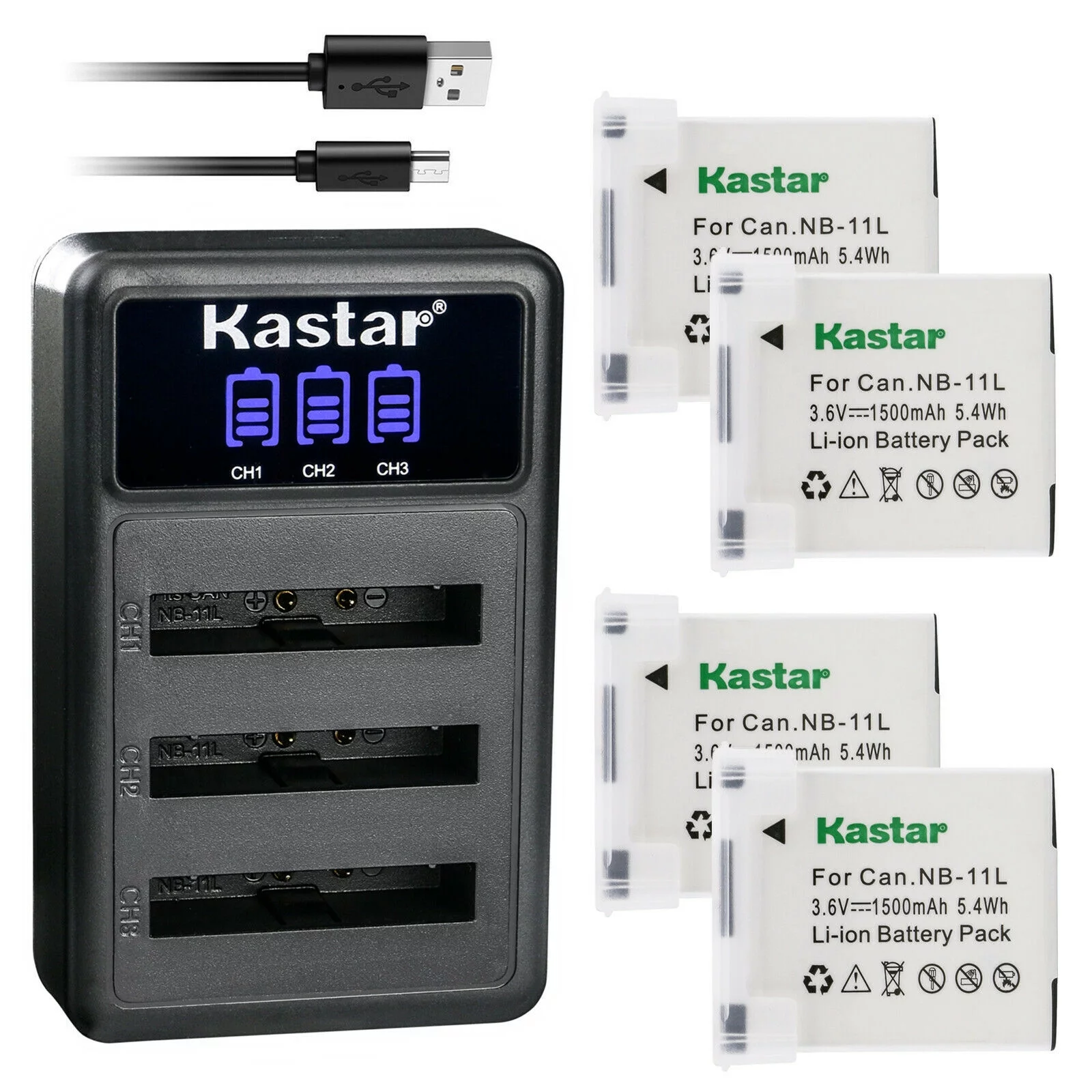 Kastar 4 Pack NB-11L Battery and LCD Triple USB Charger Compatible with Canon IXY 220F, IXY 420F, IXY 430F, IXY 90F, PowerShot A2300 A2300 IS, PowerShot A2400 A2400 IS, PowerShot A2500 A2500 IS