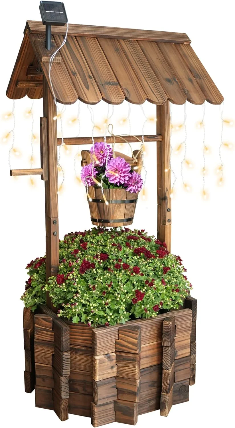QINBI Wooden Wishing Wells for Outdoors with Solar Light Strip, Wishing Well Planters Also Add Splendor to Your Yard at Nightt, Brown