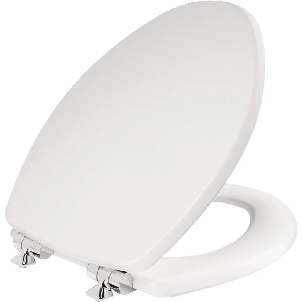 1 PK, Mayfair Benton Elongated White Enameled Wood Toilet Seat with Slow Close Chrome Metal Hinge