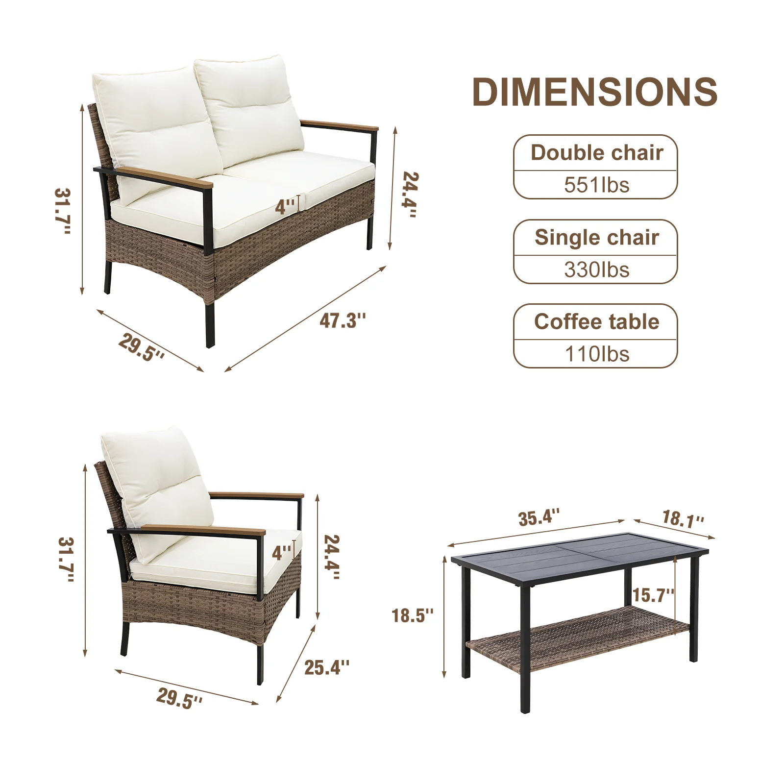 INTER HUT 4 Piece Patio Rattan Conversation Set Outdoor Wicker Loveseat Sofa Set with Beige Cushioned and 2-Tier Table