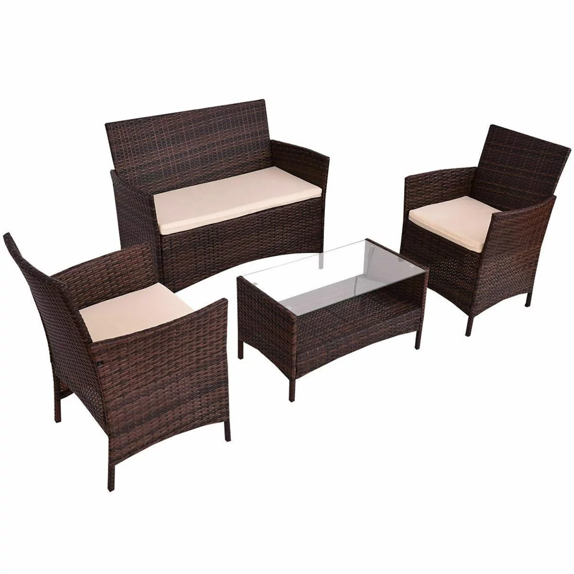 Ktaxon 4 PCS Outdoor Patio Rattan Furniture Set Rattan Wicker Sofa Table Shelf Cushion Brown