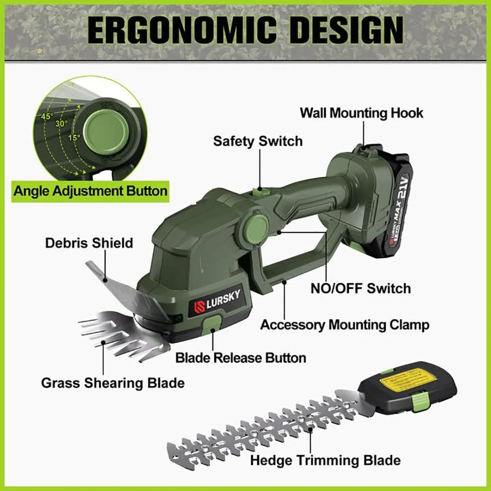 LURSKY Cordless Hedge Trimmer, 2 in 1 Handheld Grass Shear & Shrubbery Trimmer, 21V Electric Hedge Trimmer with Rechargeable Battery and Charger for Garden, Lawn, Green