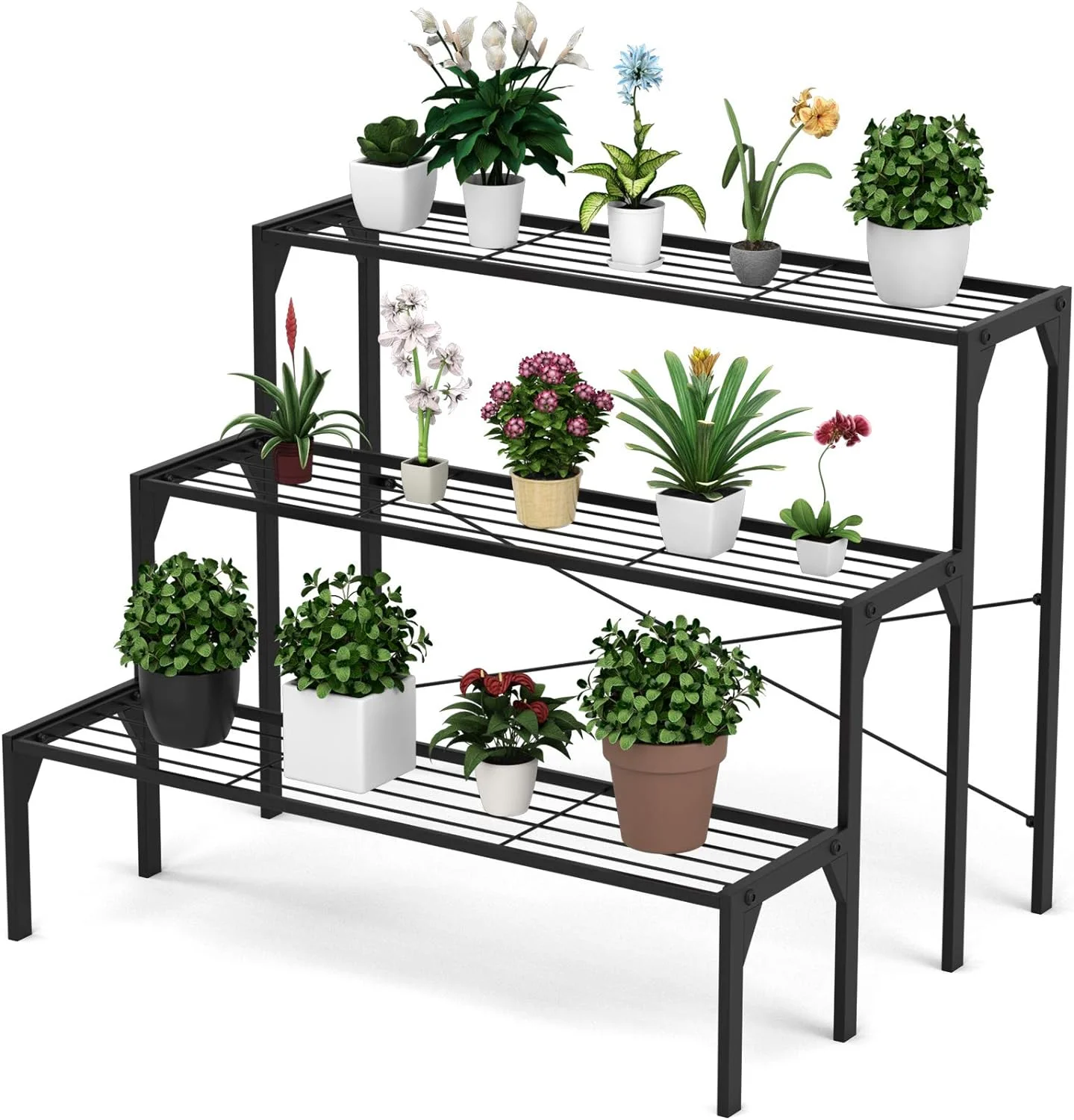 3 Tiers Metal Plant Stand, Ladder Flower Pots Holders, 3 Tiers Step Plant Display Rack, Heavy Duty Utility Storage Organizer Rack for Home Garden Patio Balcony, Stair Style Plant Stand