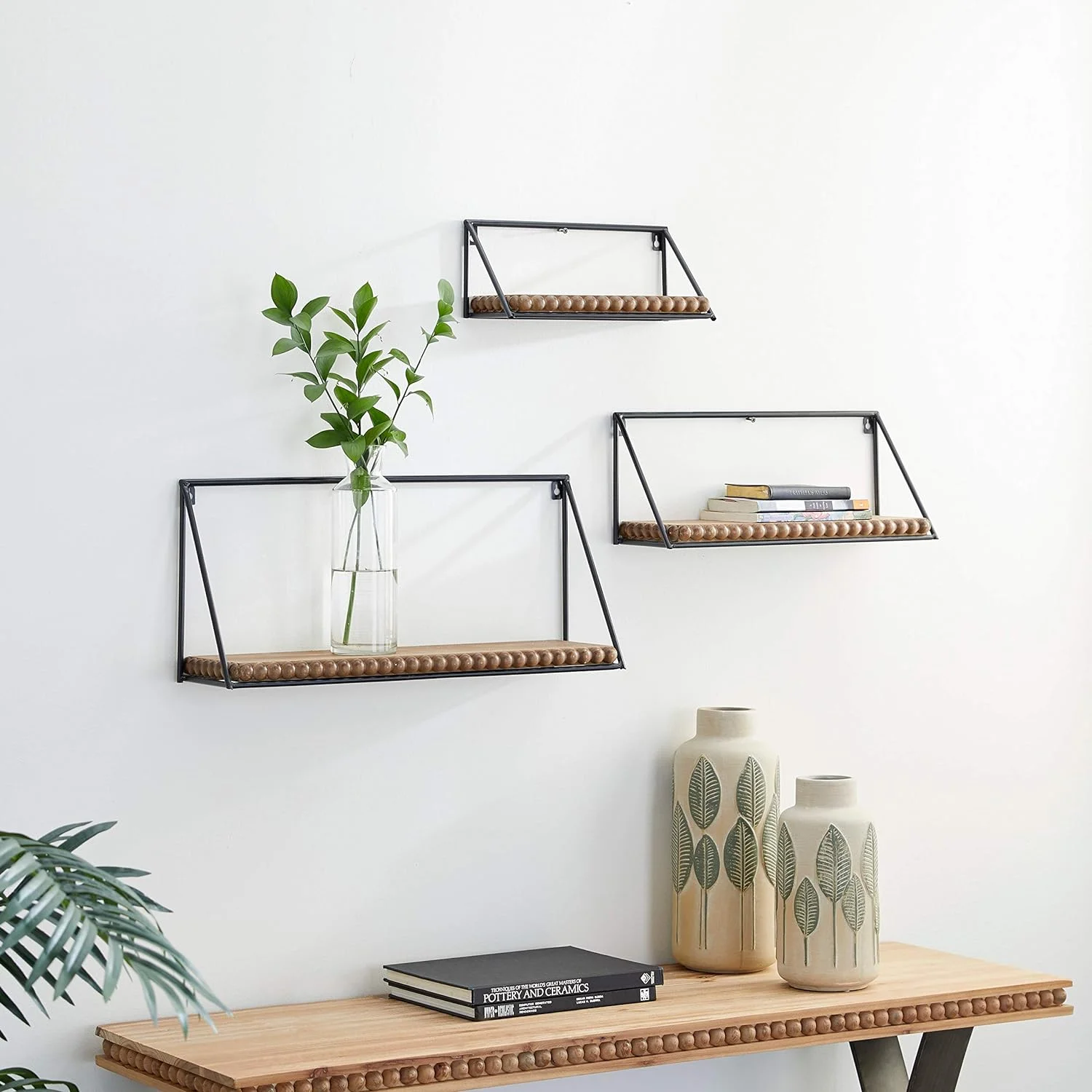 Natural Wood and Black Metal Wall Shelf with Beaded Edge Set of 3 24