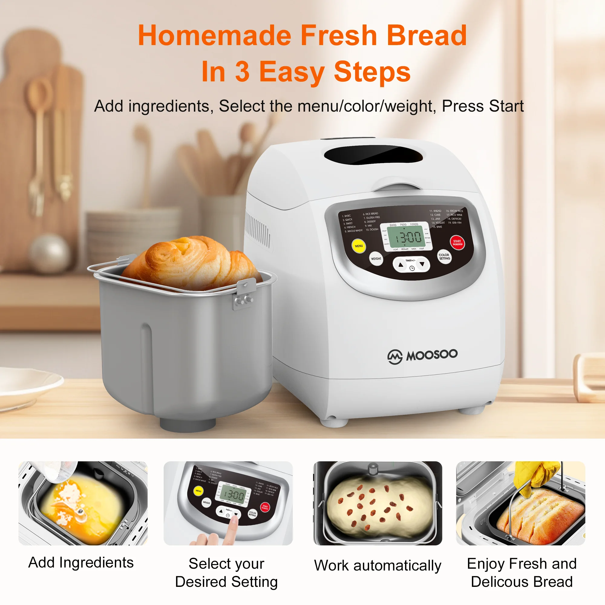 Moosoo 2 lb. Bread Maker Machine with 19 Setting Programs Digital Touch Panel