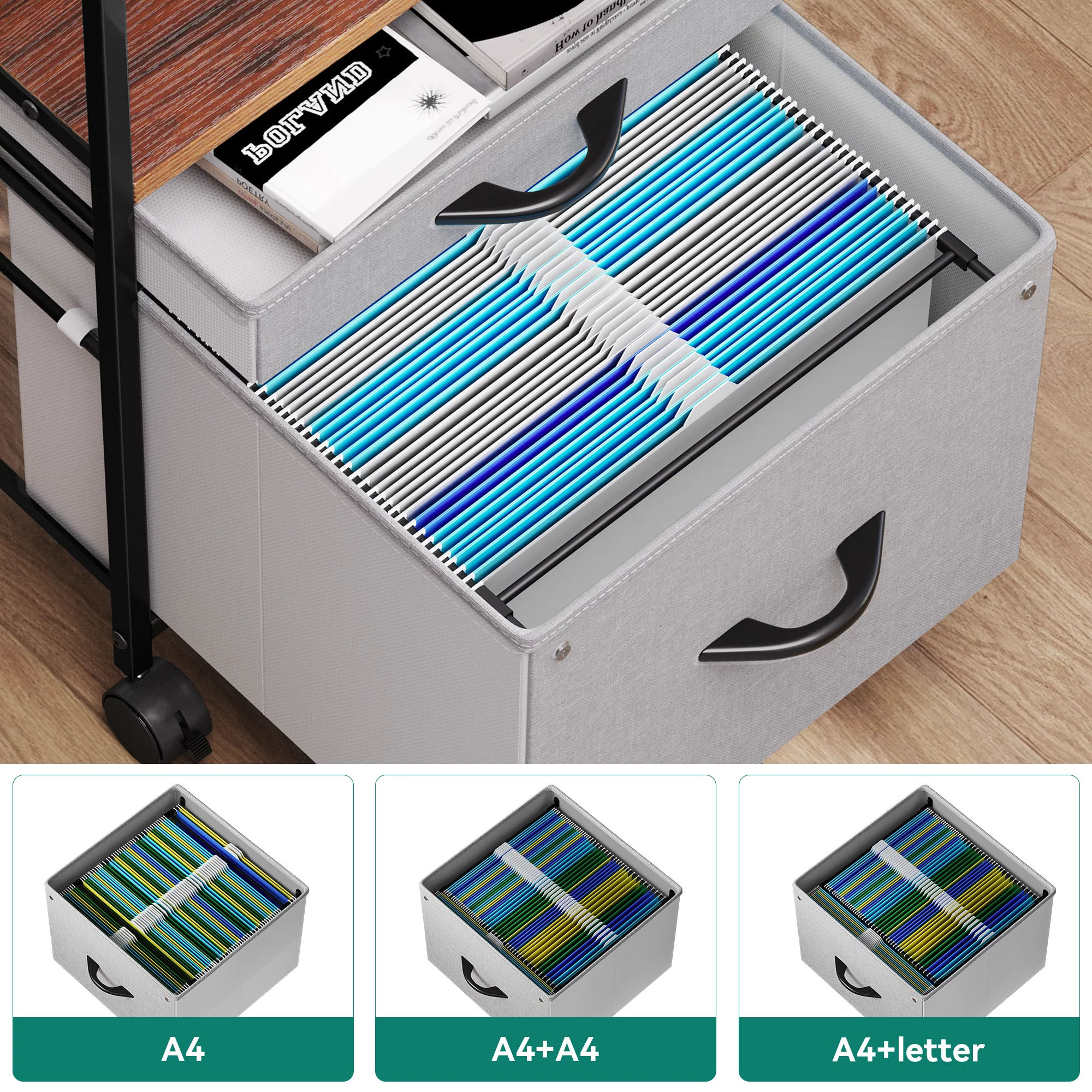 Dextrus 2 Drawer Mobile File Cabinet, Vertical Fabric File Cabinet with Open Storage Shelf, Rolling Printer Stand for Home Office, Fits A4/Letter Size (Grey)