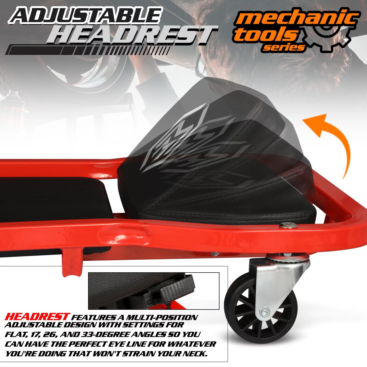 M-AUTO 42.5 Inches Upholstered Rolling Creeper Mechanic Cart with Adjustable Headrest & Handle and 6 Casters, 300 lbs Capacity, Red