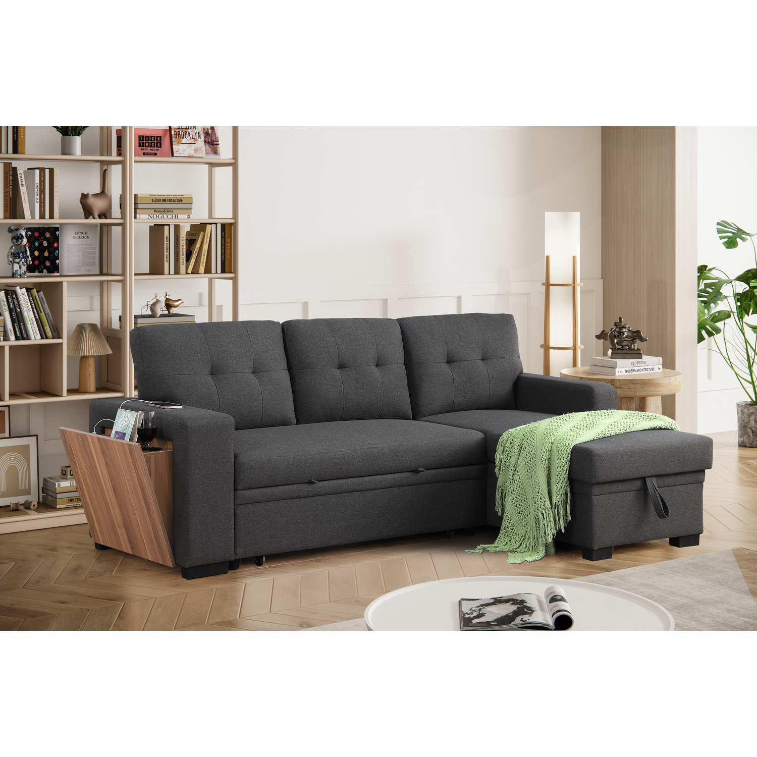 HomeStock Fabric Reversible Modern Side Compartment Sleeper Sectional Sofa Bed-Dark Gray