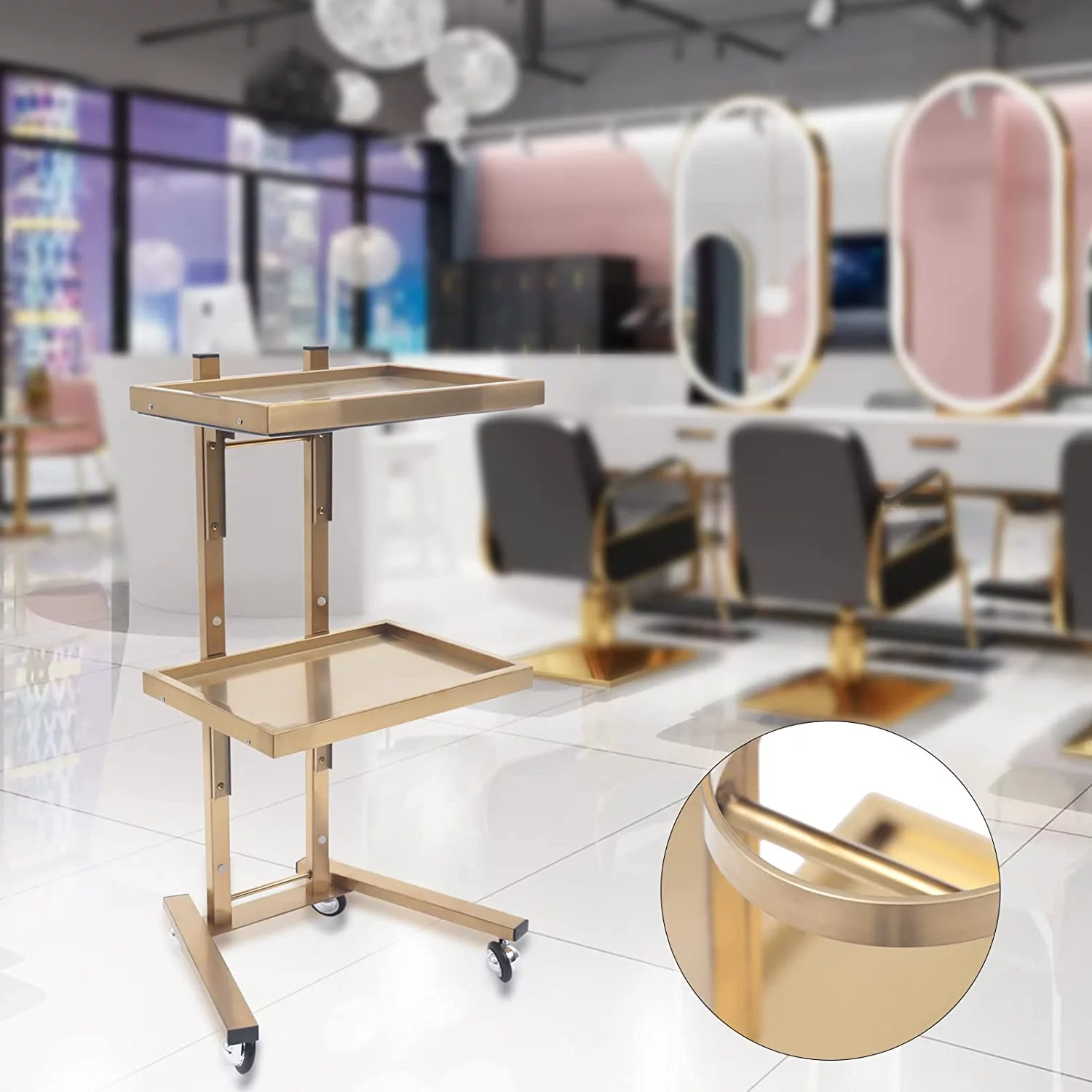 MONIPA 2-Tier Cart Trolley Tray, Foldable Metal Rolling Trolley with 4 Swivel Casters Load 44 lb, Tattoo Shop Collapsible Utility Carts Stainless Steel Salon Storage Stand (Gold)