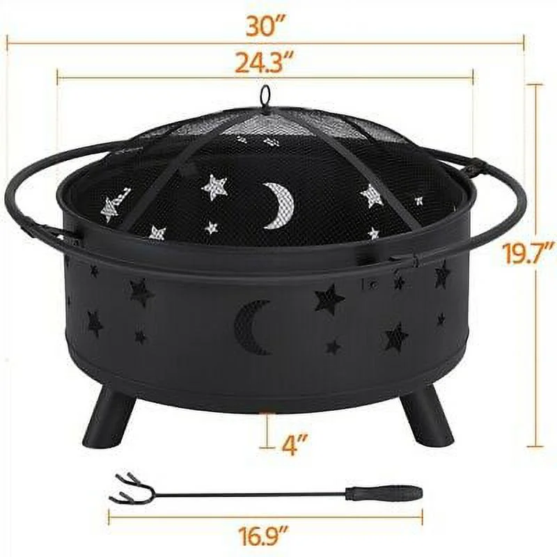 30 Inch Outdoor Fire Pit Stars Moons Firepits Round Fire Bowl Wood Burning Black