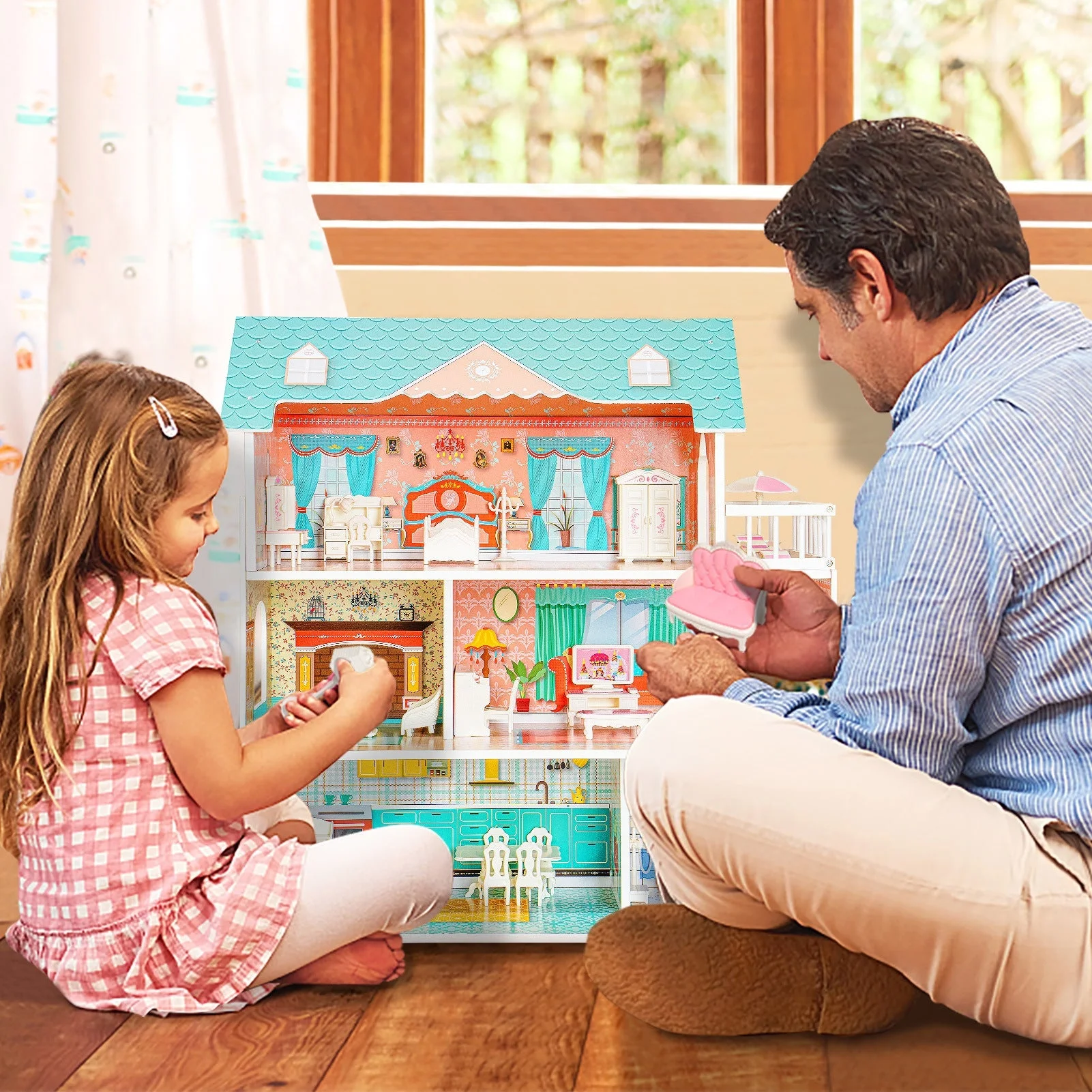 Big Wooden Dollhouse with Furniture Play Set