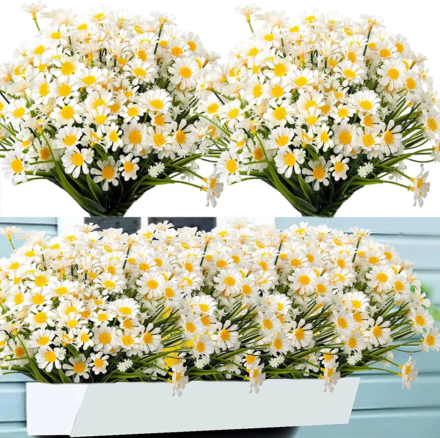 4 Bundles Artificial Daisies Flowers Outdoor UV Resistant 4 Bundles Fake Foliage Greenery Faux Plants Shrubs Plastic Bushes for Window Box Hanging Planter Farmhouse Indoor Outside Decor(White)