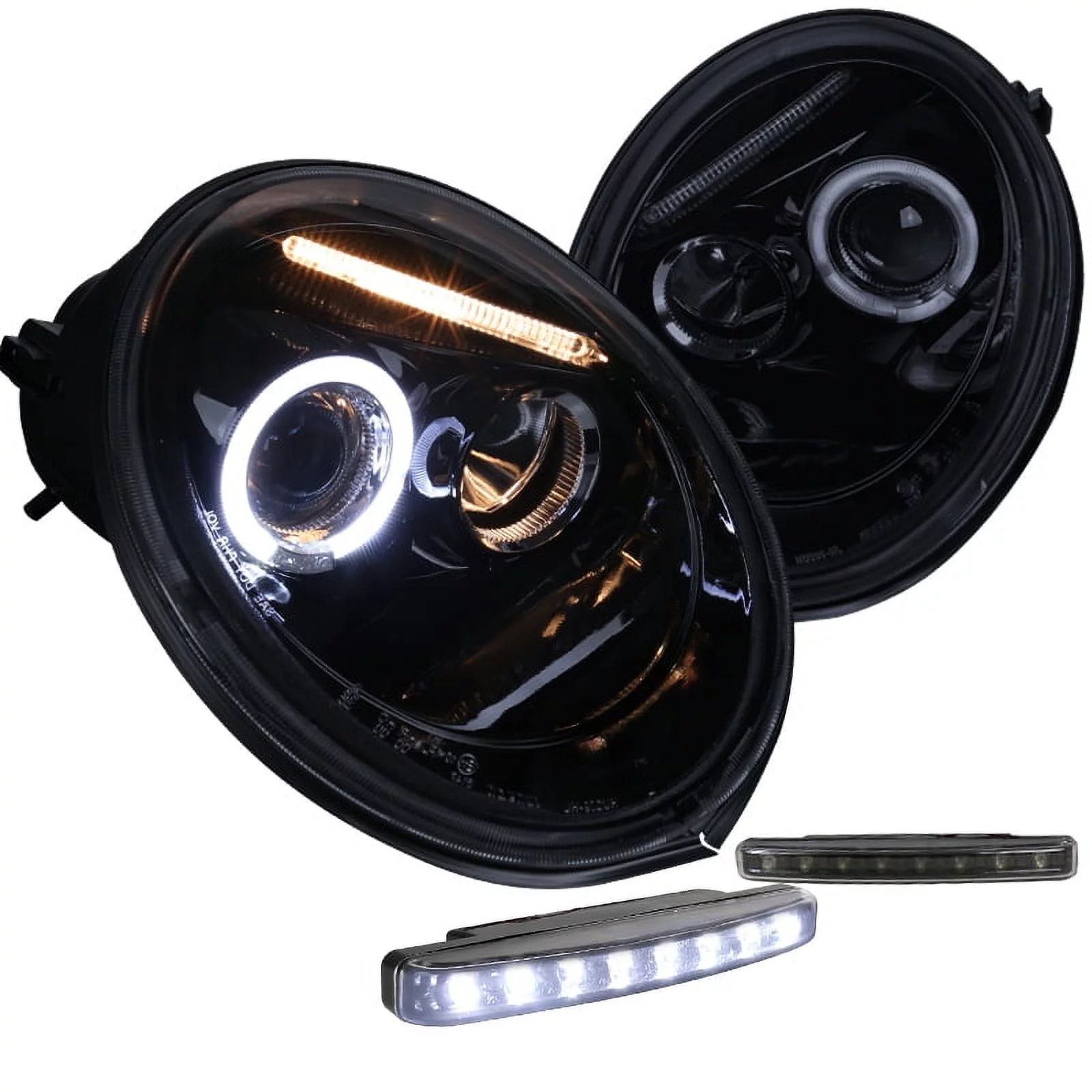 Spec-D Tuning Glossy Black Halo Projector Headlight + 8-LED Bumper Fog Lamps Compatible with Volkswagen Beetle Left + Right Pair Headlamps Assembly