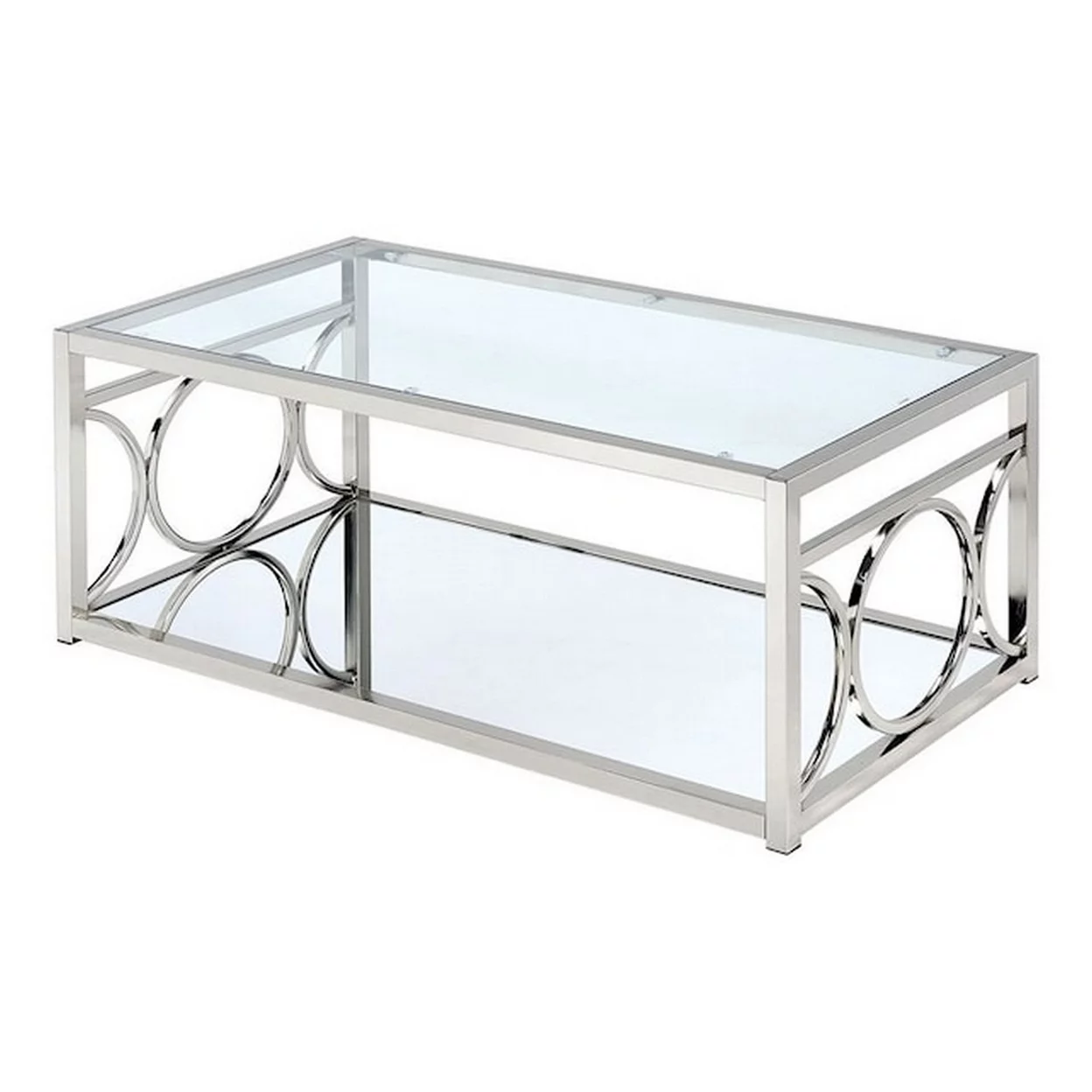 Paire 47 Inch Coffee Table Glass Top Mirrored Bottom Shelf Metal Accents - Saltoro Sherpi