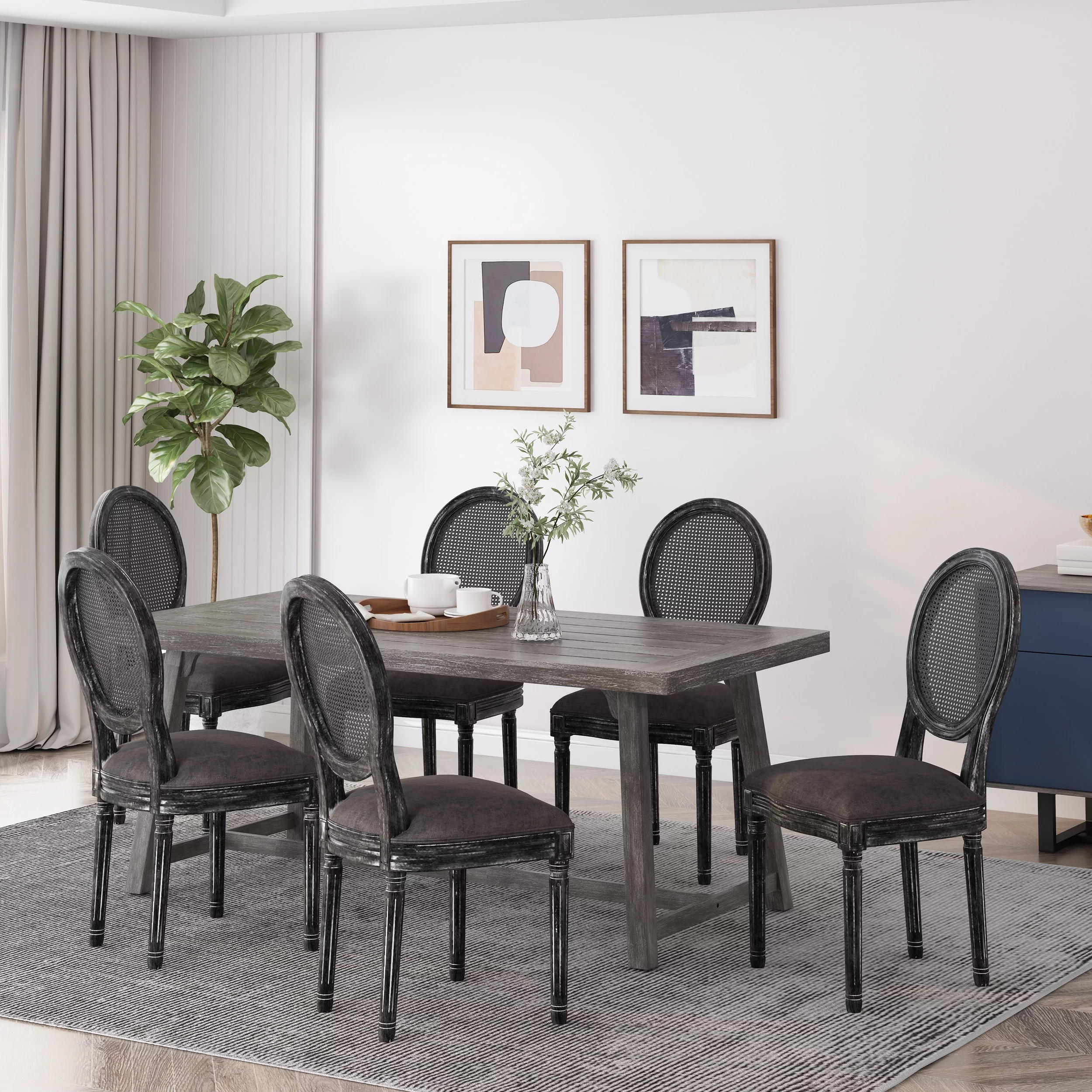Noble House Acorn French Wood Upholstered Dining Chair, Set of 6, Gray