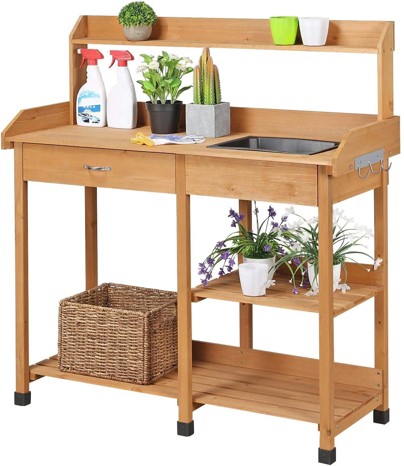 U-SHARE Potting Bench Outdoor Garden Work Bench Station Planting Solid Wood Construction for Horticulture w/Sink Drawer Rack Shelves Natural Wood