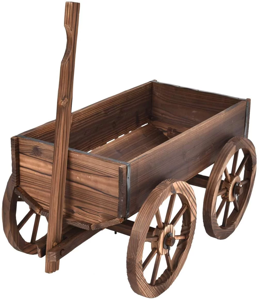 Wood Wagon Flower Planter Pot Stand W/Wheels Home Garden Outdoor Decor