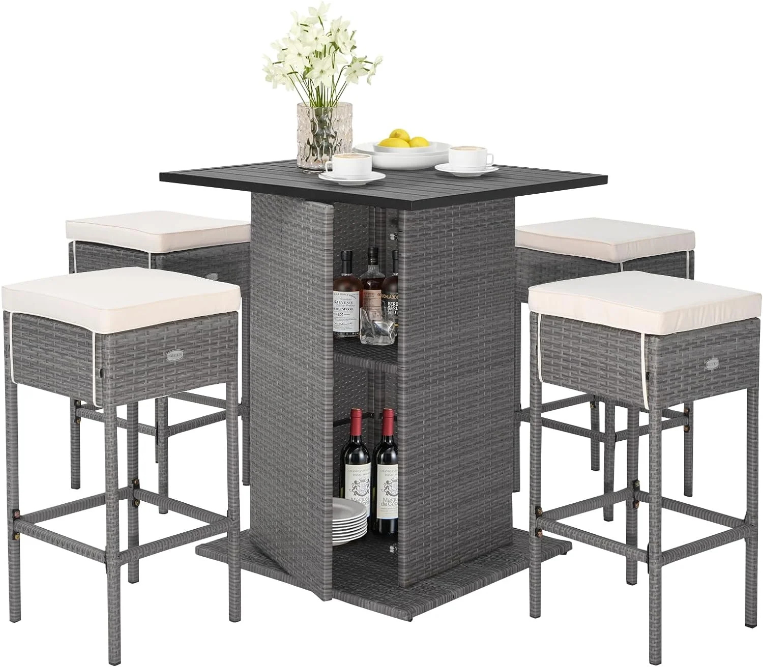 5 Piece Outdoor Rattan Bar Set, Patio Bar Furniture with 4 Cushions Stools and Smooth Top Table with Hidden Storage Shelf, Outdoor Conversation Set for Poolside, Backyard, Lawn (Grey-White)