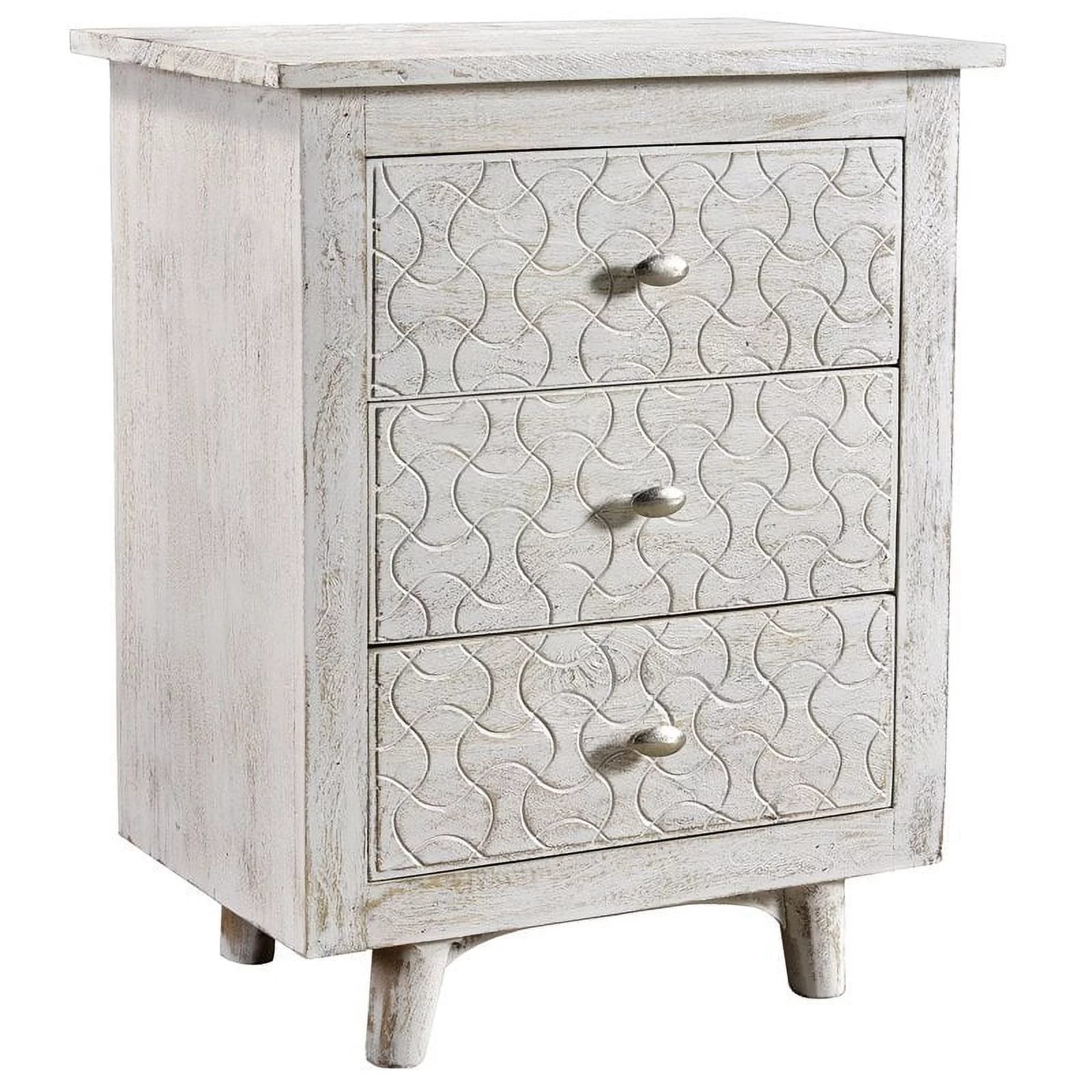 Gridley Hand-Carved 3-Drawer Nightstand on Mango Solid Wood in White Wash