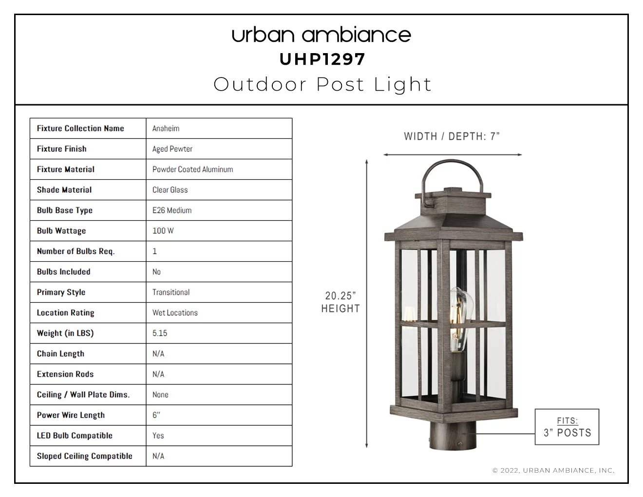 Luxury Transitional Post Light, 20.25H x 7W, with Craftsman Style, Aged Pewter, UHP1297 by Urban Ambiance
