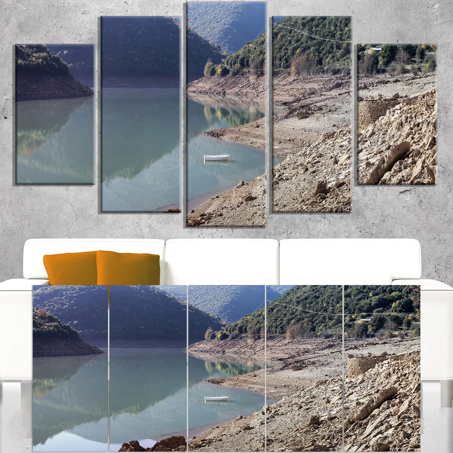 DESIGN ART Majestic Mountain Lake Panorama - Landscape Wall Art Canvas Print - Multi-color 60 in. wide x 32 in. high - 5 Panels Diamond Shape