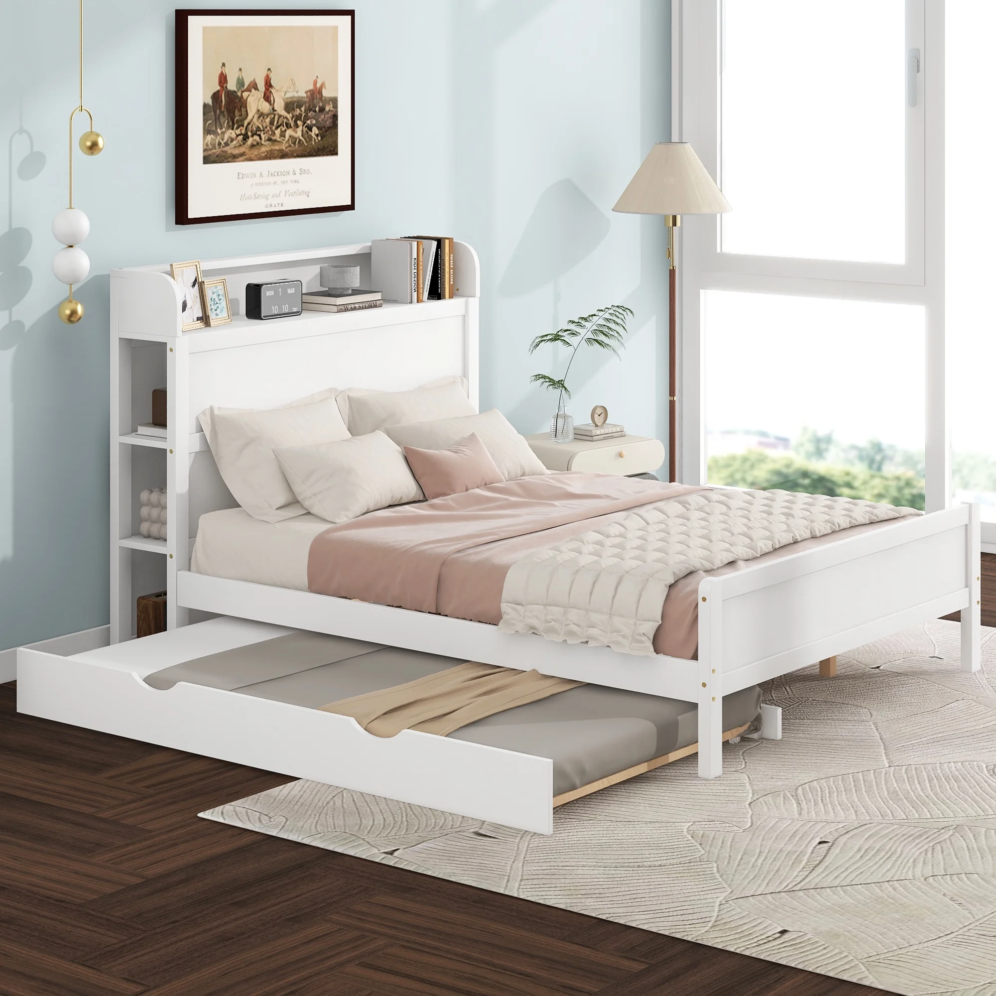 Euroco Full Size Wood Platform Bed with Trundle and Storage Headboard, White