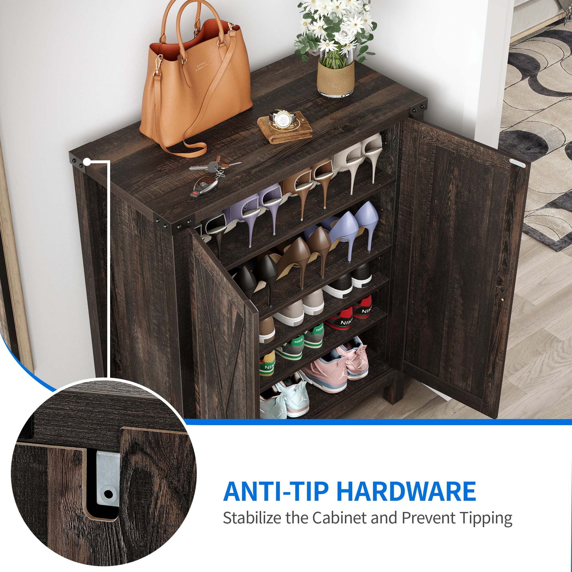 Dextrus Farmhouse Shoe Cabinet with Barn Doors, 5-Tier Shoe Storage Rack Organizer for Entryway/Hallway/Closet, Dark Rustic Oak, 2PCS