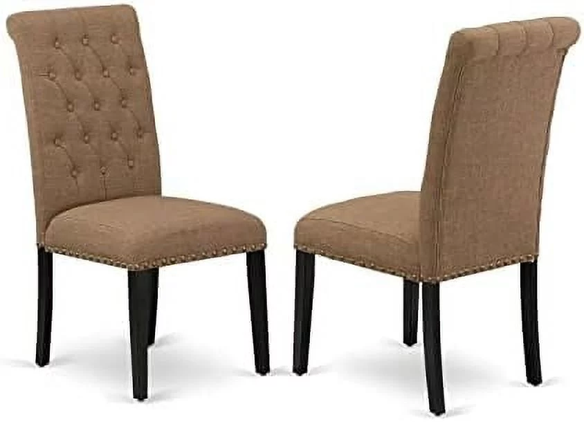 BRP1T17 Parson Dining Room Button Tufted Nailhead Trim Light Sable Linen Fabric Padded Chairs, Set Of 2, Black