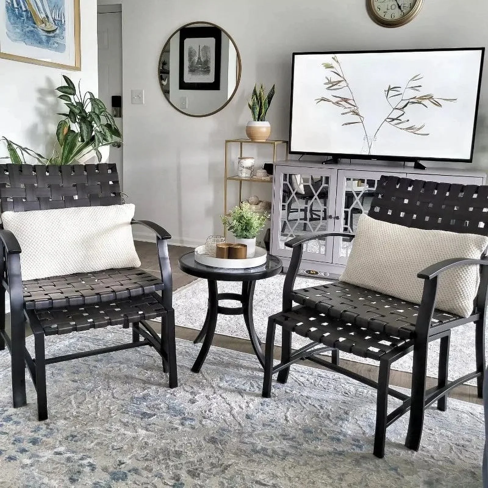 MF Studio 5 Pieces Patio Furniture Conversation Set with 2 Pieces Strapping Chairs, 2 Pieces Strapping Ottoman and 1 Piece