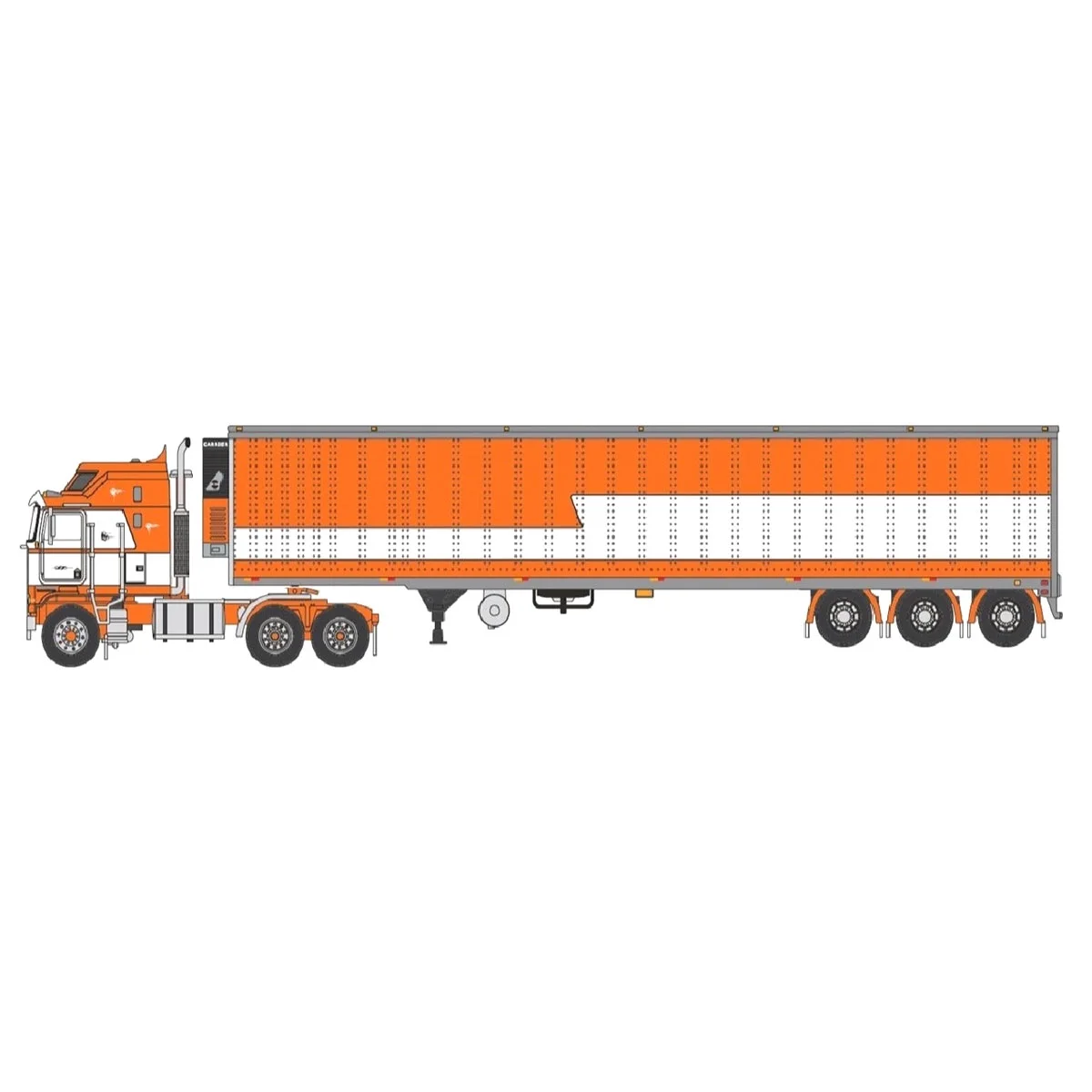 First Gear DCP 1/64 Orange & White Kenworth K100 COE Aerodyne w/ 53' Tri-axle Reefer, O/O 60-1354