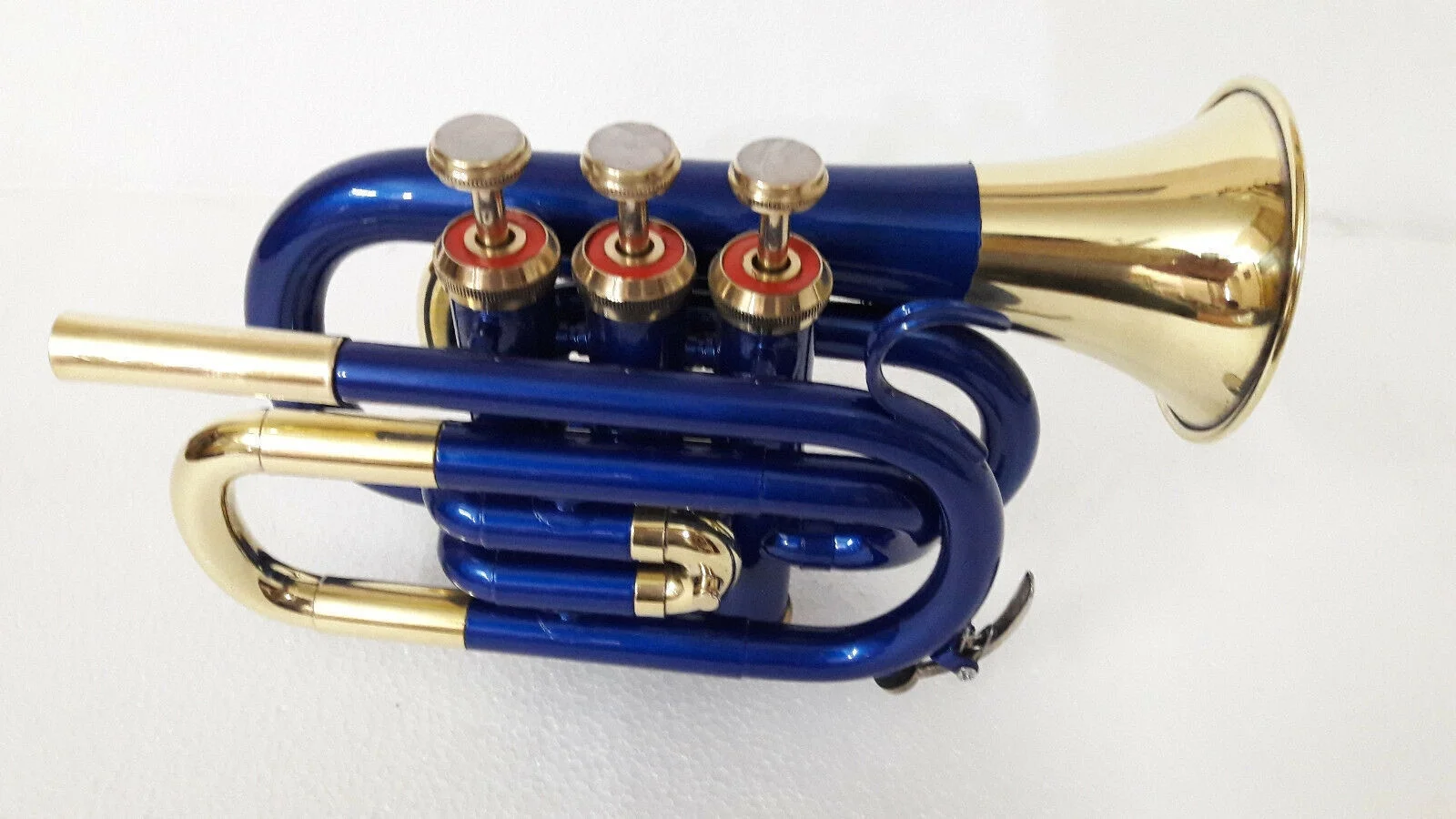 pocket trumpet blue and brass Bb pitch with hard case bag and mouthpiece