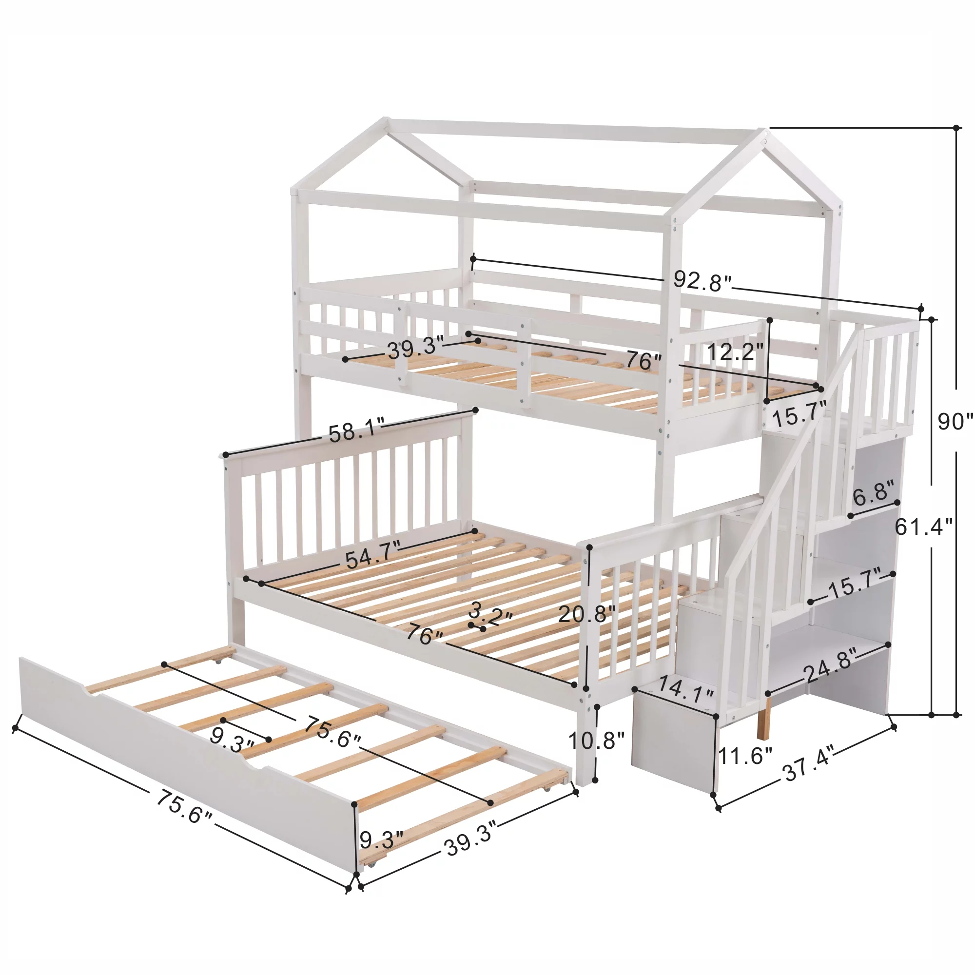 EUROCO Twin over Full House Bunk Bed with Trundle and Staircase, White
