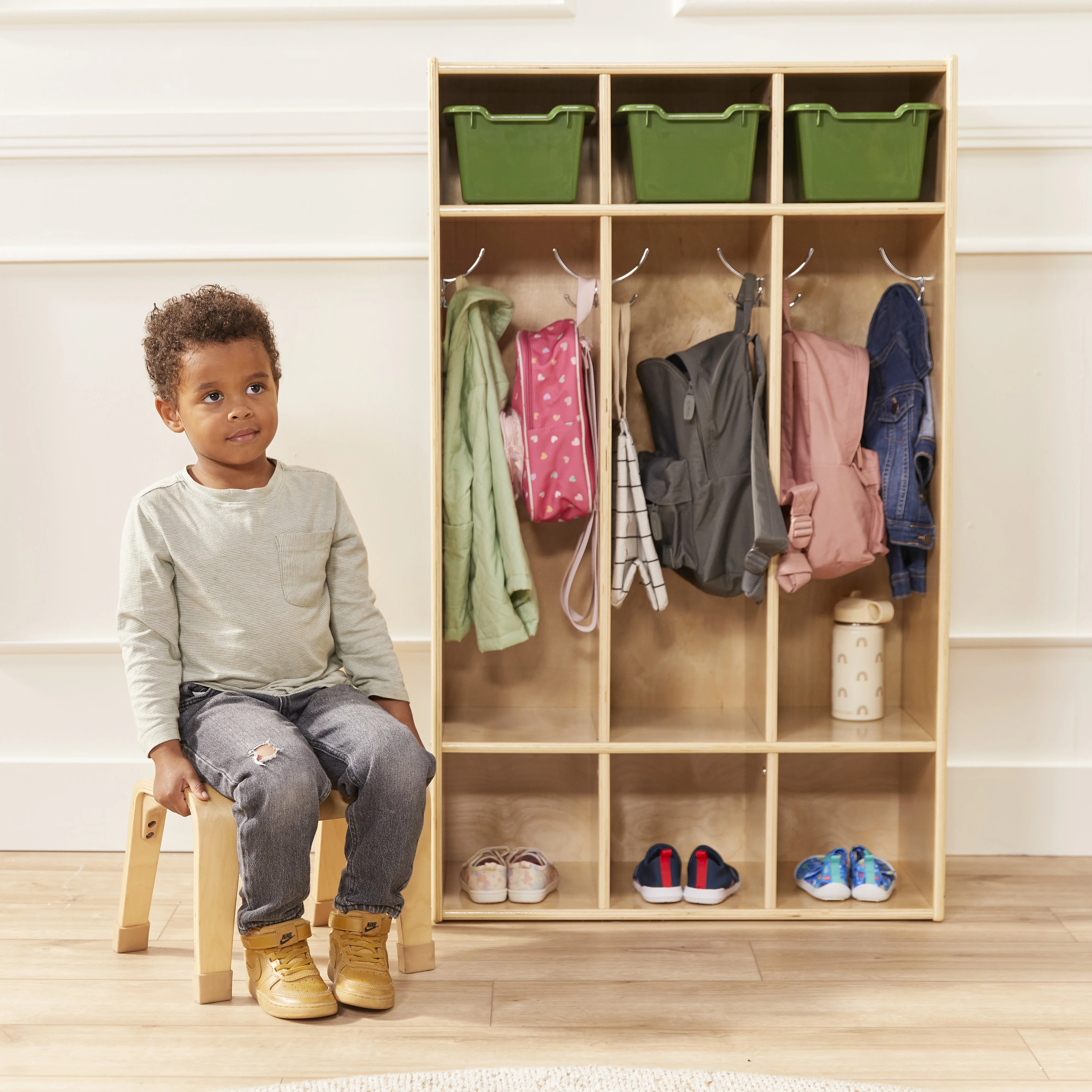 ECR4Kids Streamline 3-Section Coat Locker, Natural