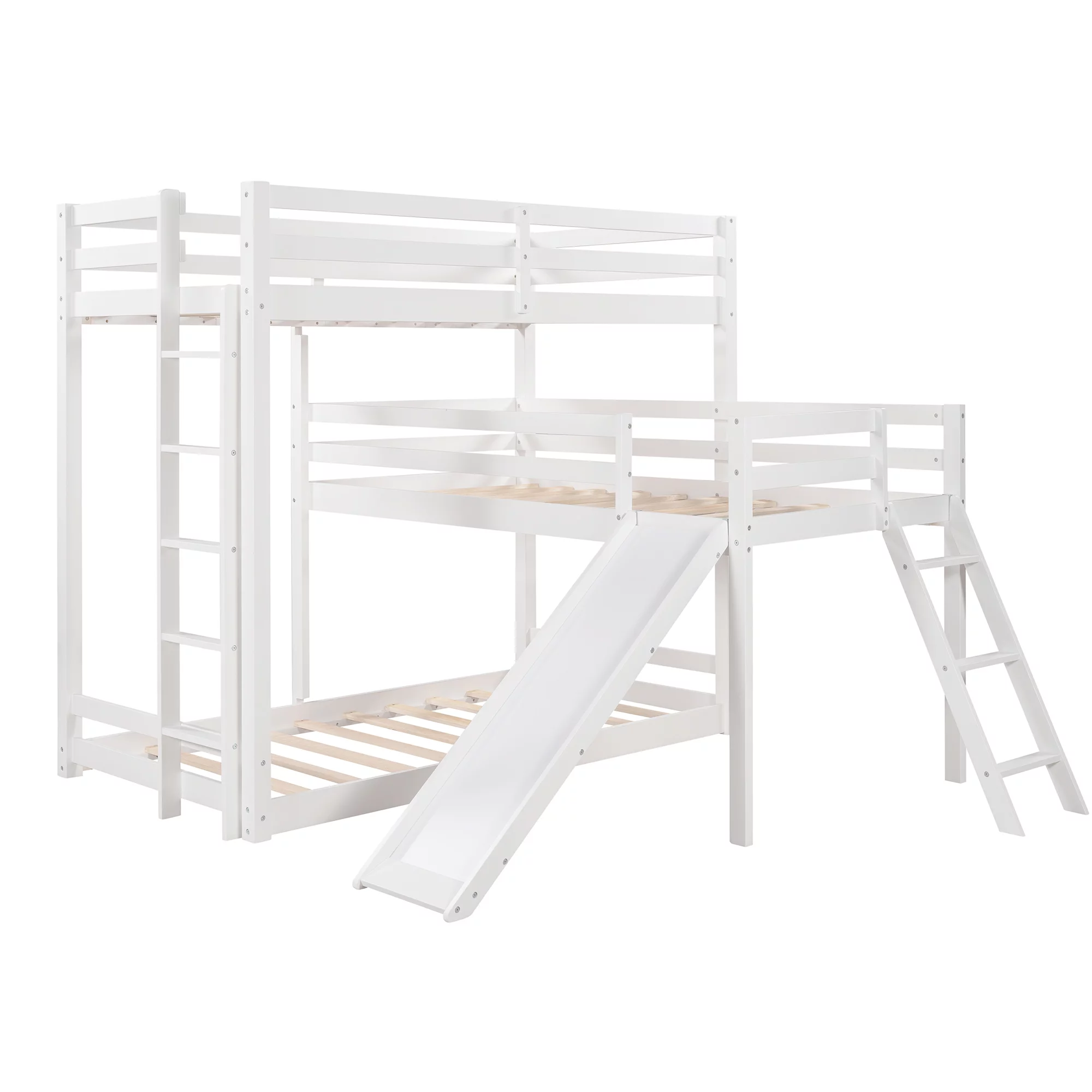 Euroco L-Shaped Twin Over Twin Over Twin Bunk Bed, Triple Bed with Slide & 2 Ladders, White