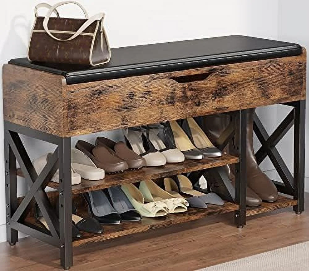 SQSFCB Shoe Bench  Lift Top Shoe  Bench  Adjustable  Entryway Bench  Metal and Wood Shoe Rack Organizer with Cushion for Entry  Bedroom  Closet  Living Room  Hallway (Brown  39.5\u201CW)