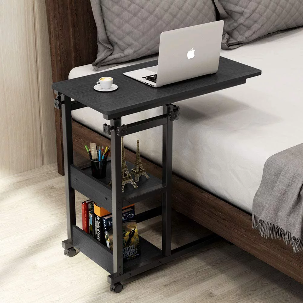 Mobile Snack Side End Table - Adjustable C Table with Wheels, Sofa Couch Bedside Laptop Rolling Cart, TV Tray with Storage Shelves