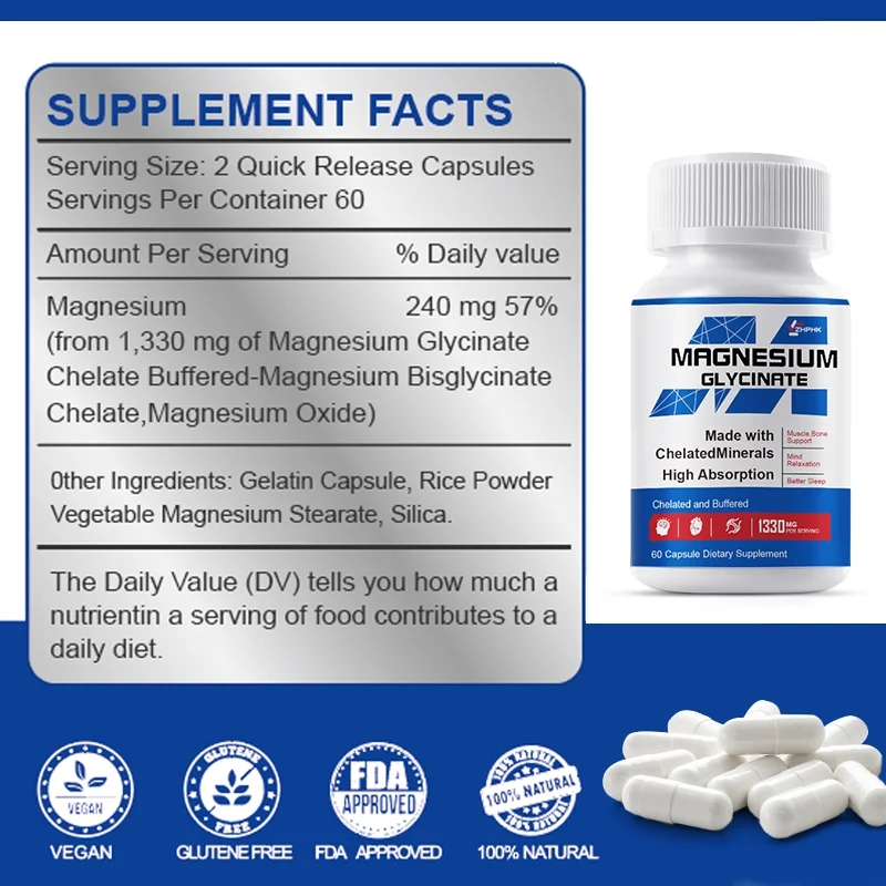 ZHPHK Magnesium Glycinate Chelate Improves Sleep, Relieves Stress&Anxiety 1330mg/capsule Vegetarian 60 Capsules