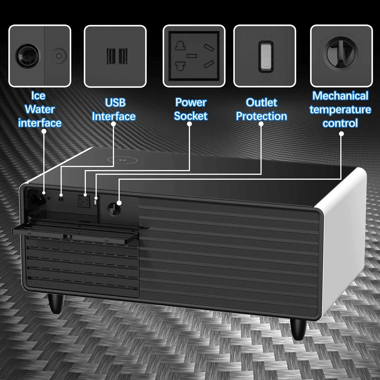 KALEFU Modern Smart Mini Multifunction Coffee Table with Built in Fridge,Outlet Protection,Wireless Charging Module,Mechanical Temperature Control,Power Socket,Usb Interface and Power Interface