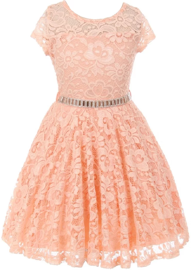 Lovely Floral Lace Rhinestones Skater Party Easter Flower Girl Dress for Big Girl Peach 10 JK19.88S BNY Corner