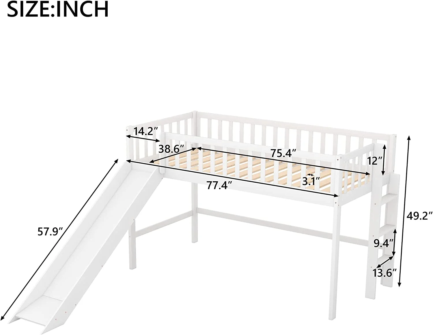 Loft Bed, Kids Loft Bed Size, Loft Bed With Slide,Wood Low Loft Bed For Kids, No Box Spring Needed,White