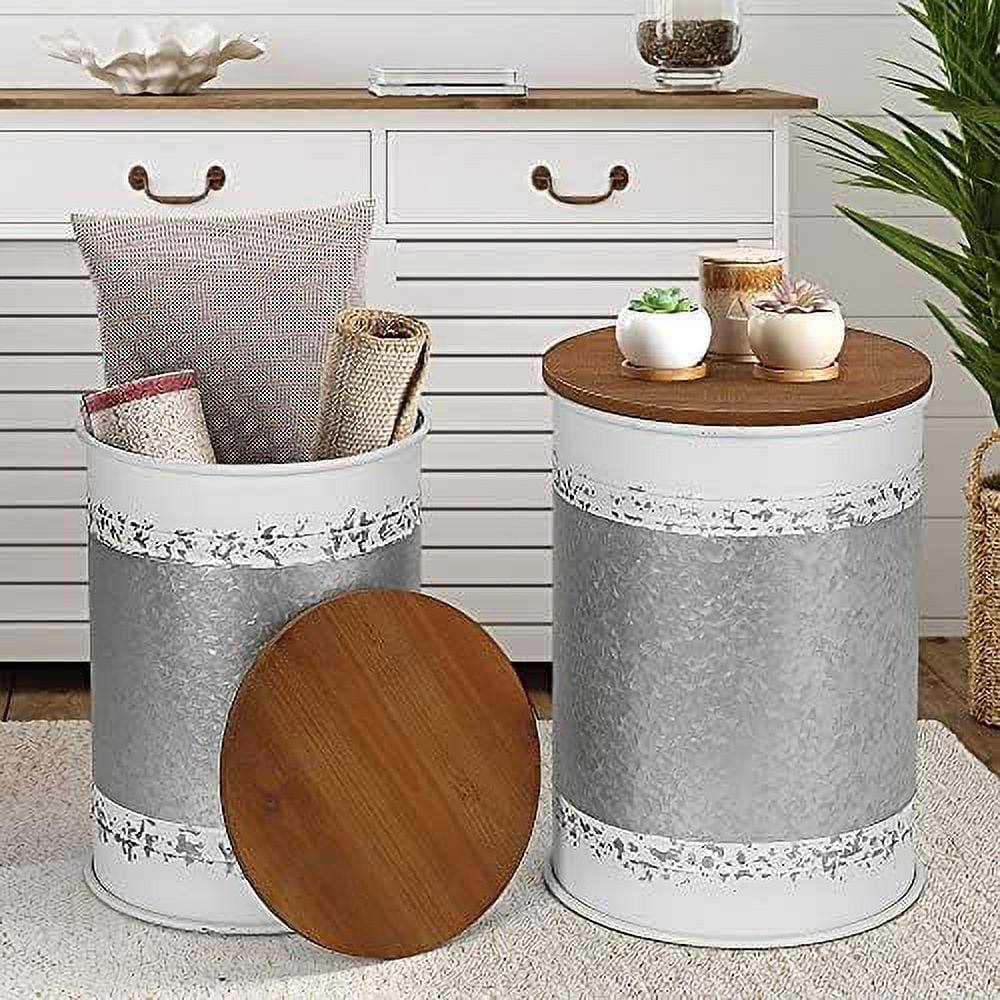 ZFGSUIJN Rustic  Ottoman Seat Stool  Farmhouse    Antique Galvanized Metal End  Box Bin with Square Wooden Lid （Square&Galvanized）