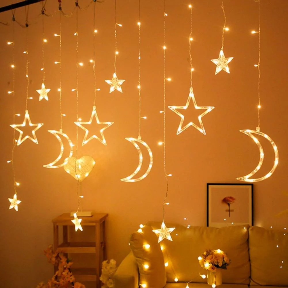Morttic LED Star Moon String Light, 138 LEDs Window Curtain Lights, Ramadan, Christmas, Wedding, Party, Home Decorations (Warm White)