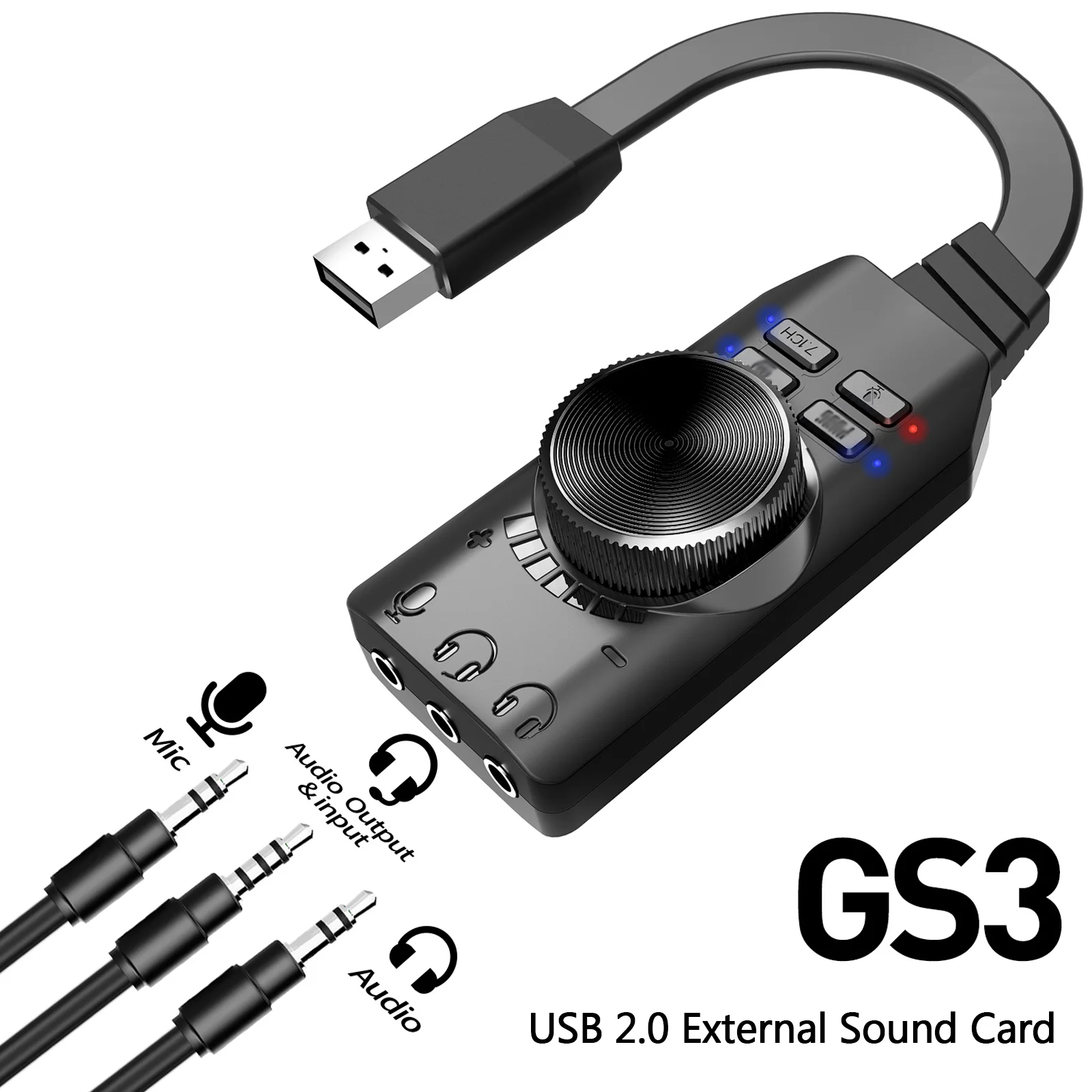 MABOTO GS3 USB 2.0 External Sound Card Virtual 7.1 Channel Sound Card Adapter Plug and Play with Headphone Microphone Jacks Control Mute Mic Games Sound Effect Upgrade Version for Desktop Laptop P