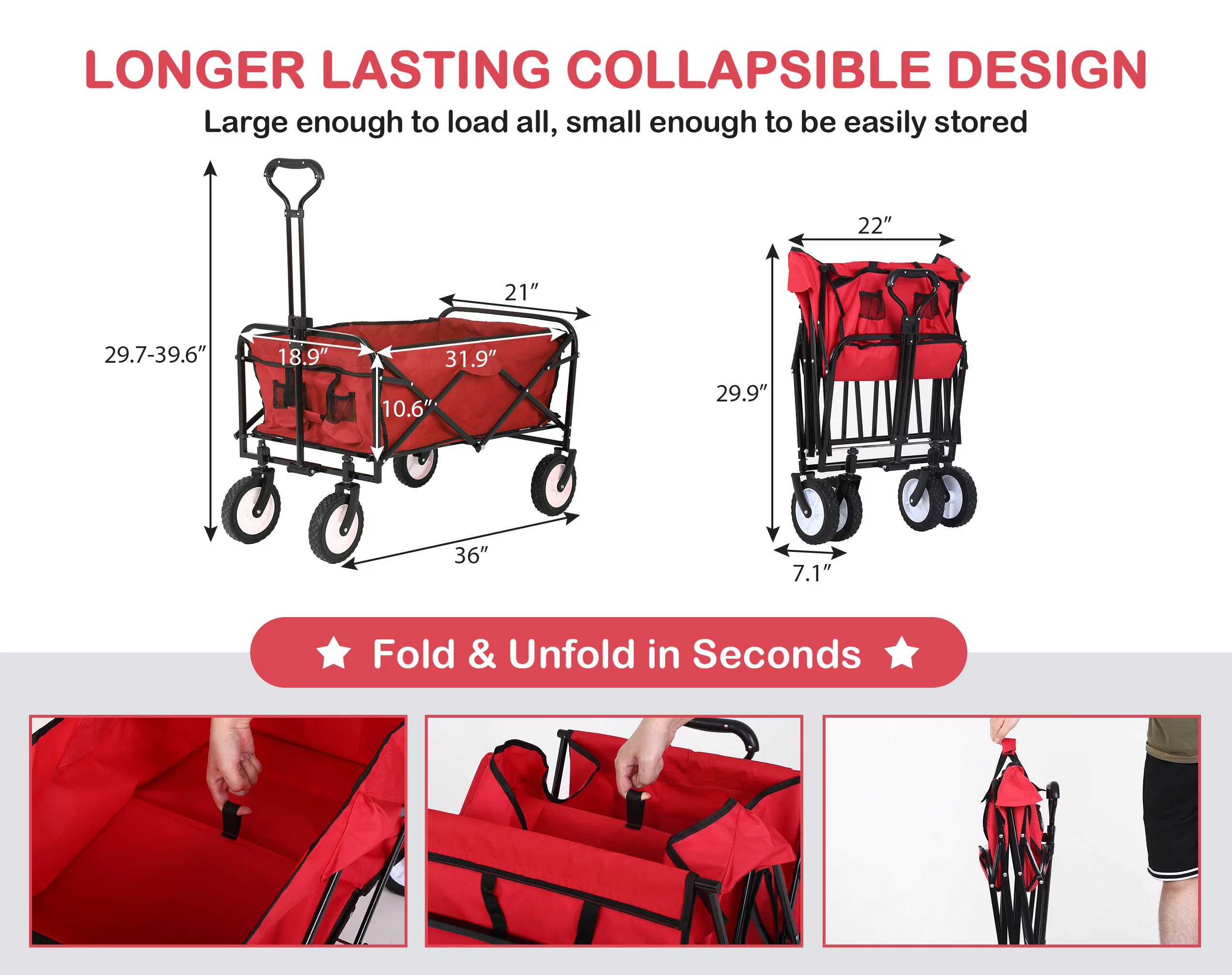 YRLLENSDAN Collapsible Garden Cart with Wheels, Folding Garden Carts and Wagons Outdoor Utility Garden Wagon with 360 Degree Swivel Wheels & Adjustable Handle