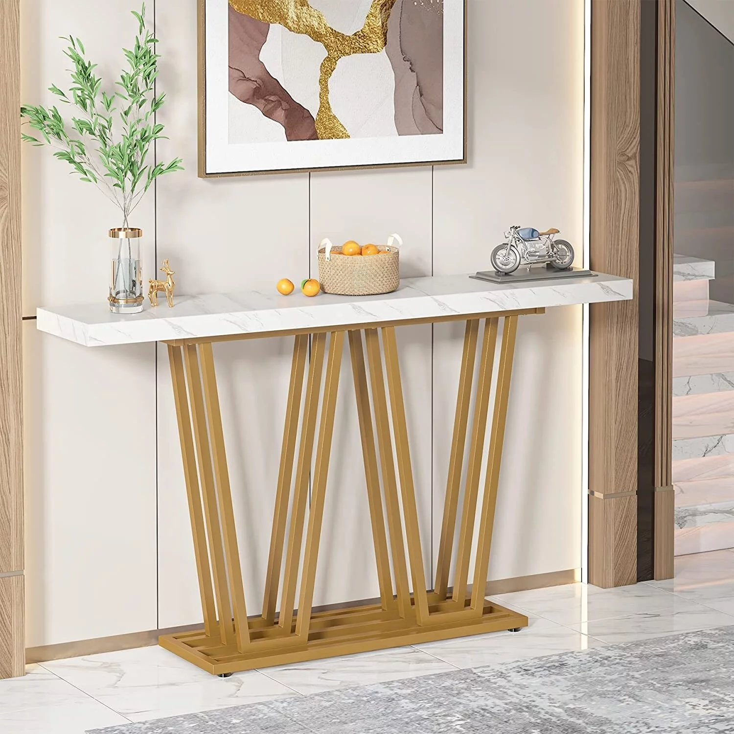 55 Inches Modern Console Table, White Faux Marble Wood Entryway Table