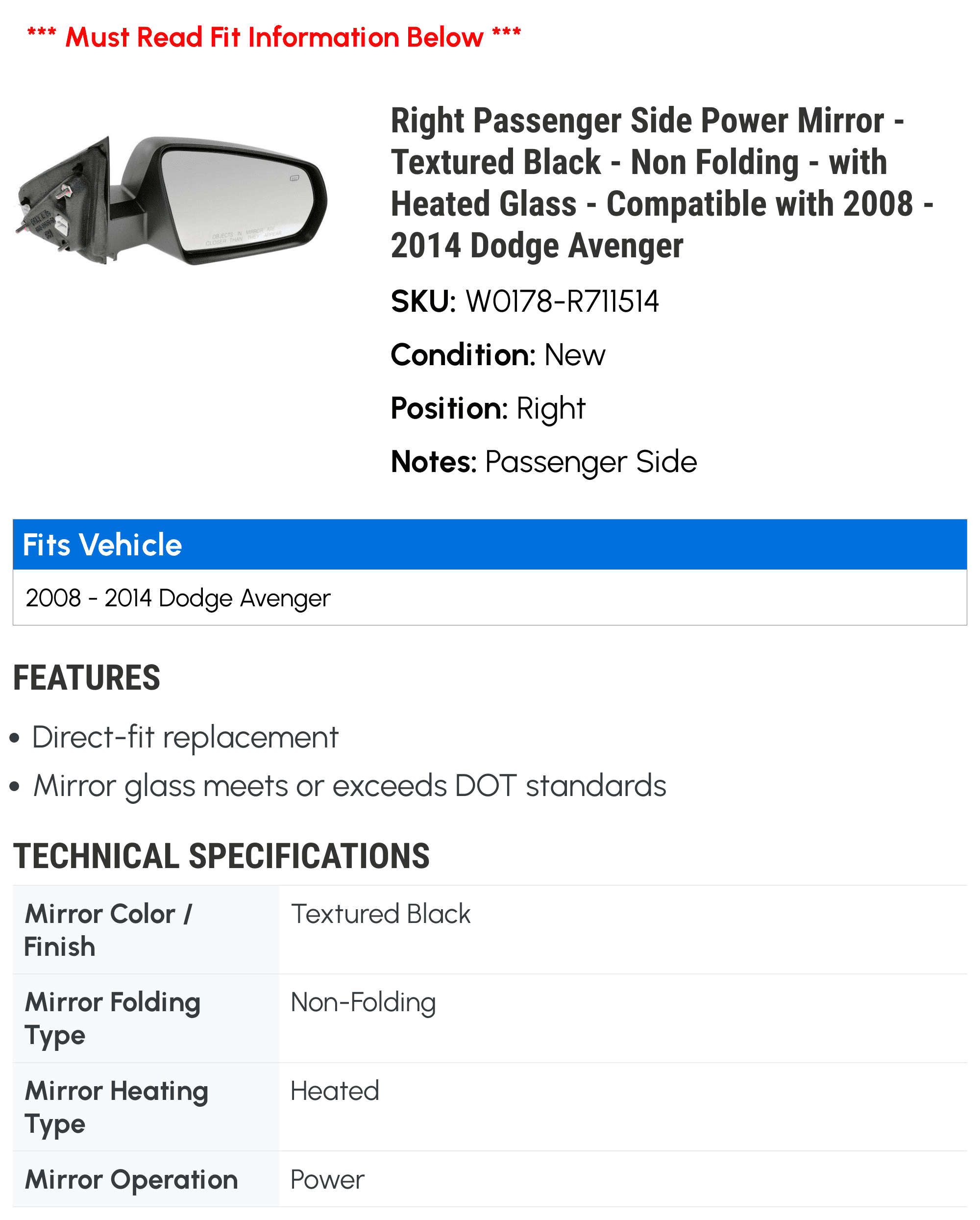 Right Passenger Side Power Mirror - Textured Black - Non Folding - with Heated Glass - Compatible with 2008 - 2014 Dodge Avenger 2009 2010 2011 2012 2013