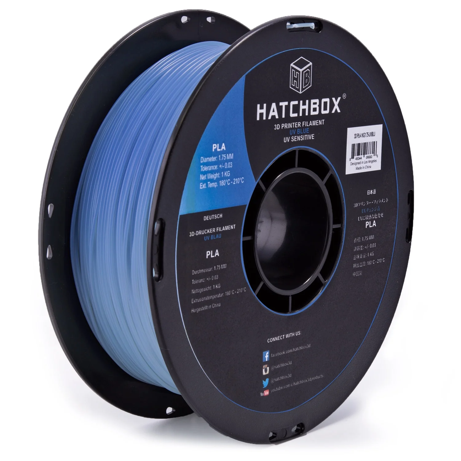 HATCHBOX 3D PLA-1KG1.75-UVBLU UV Color Changing PLA 3D Printer Filament, Dimensional Accuracy +/- 0.03 mm, 1 kg Spool, 1.75 mm, UV Blue