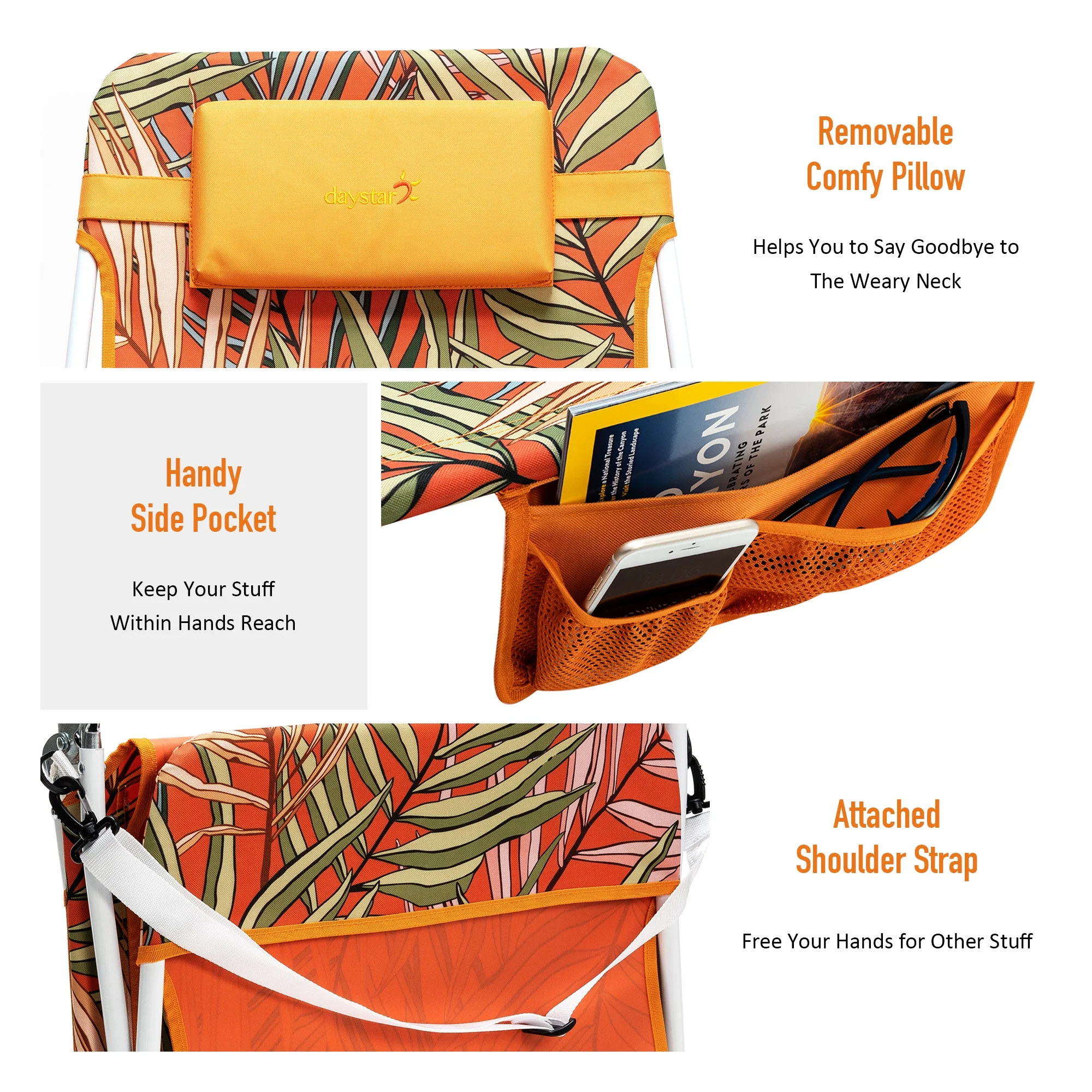 SunnyFeel Reclining Beach Chair Sun Lounger Lay Flat, Face Down Tanning Chair, Portable Folding Camping Chairs (Orange Bamboo)