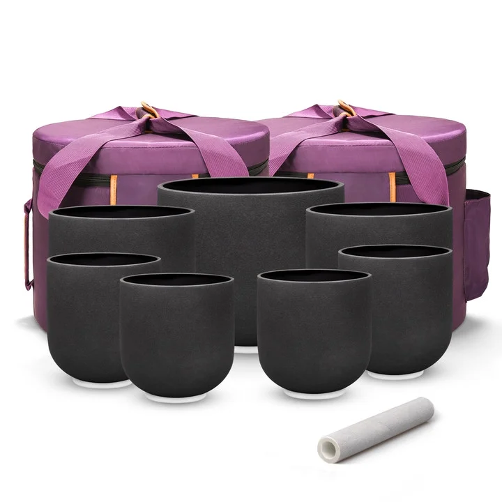 TOPFUND 432Hz  Chakra Set of 7 Black Crystal Singing Bowls 6-12 inch with Heavy duty carrying cases and Suede Sticks