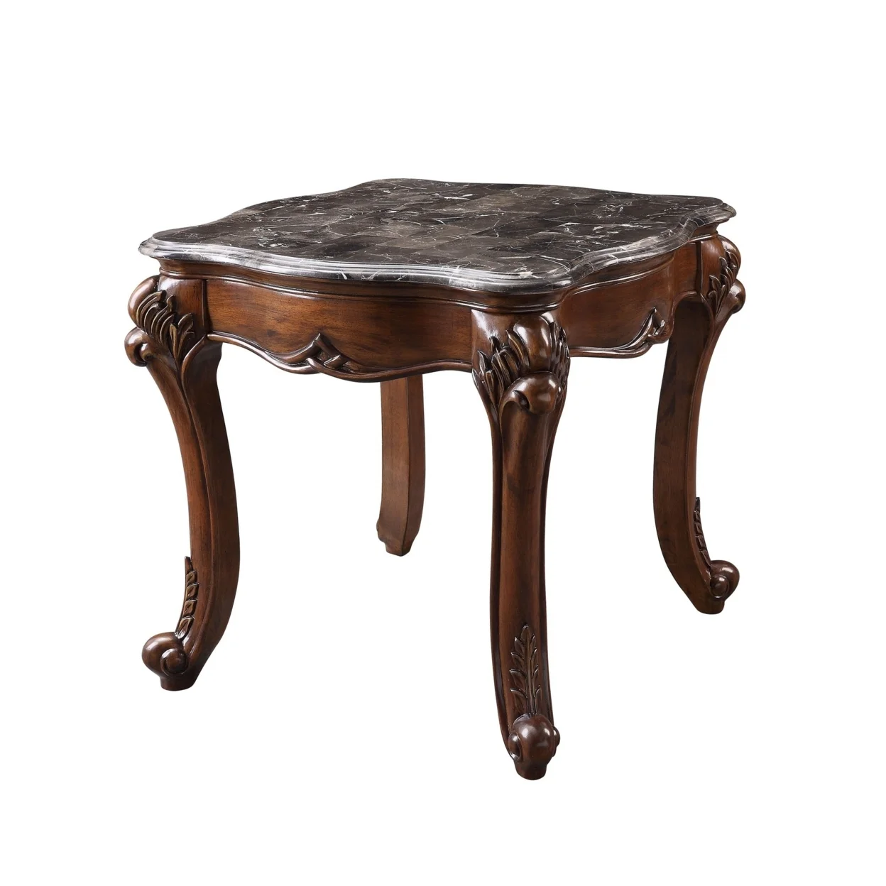 End Table with Marble Top and Carved Cabriole Legs, Brown- Saltoro Sherpi